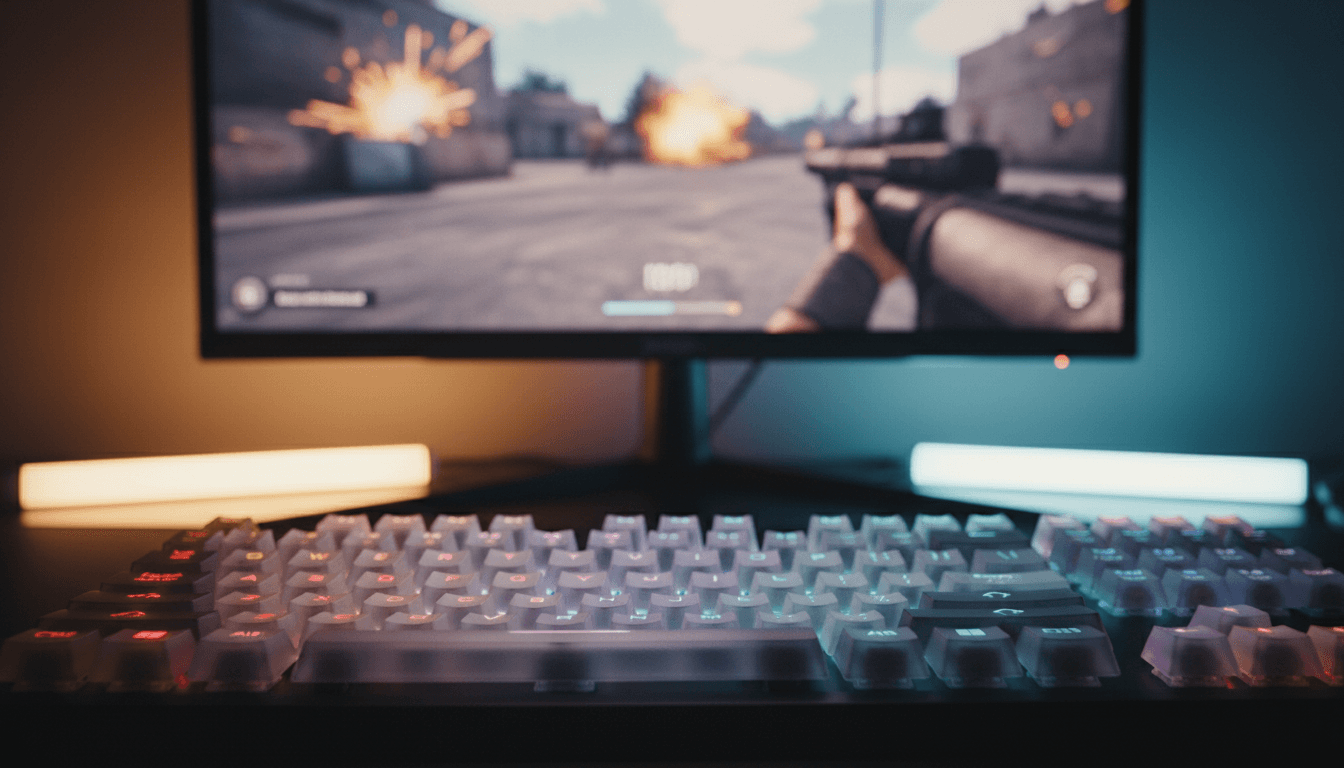 Gaming keyboard with screen displaying clip in blurred background.